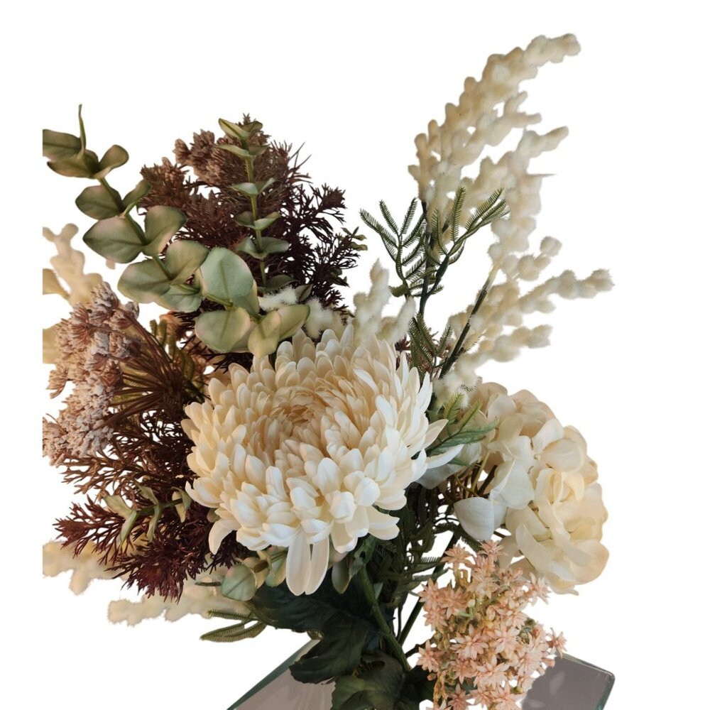 Artificial Floral Arrangement Beige Hydrangea & Cream Mum Bouquet Hand Tied